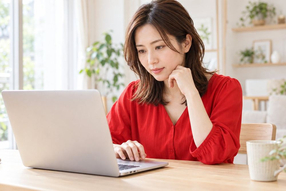 30代の女性がパソコンの前で、コメント欄の設定画面を開き、視聴者の制限の項目を確かめている