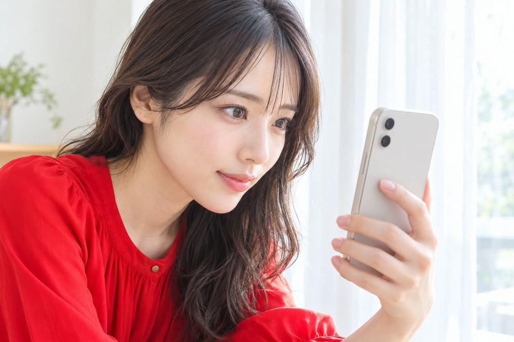 20代の女性が窓際でスマホの内カメラを自分に向け、画面に映る目の中の光を顔を近づけて確かめている