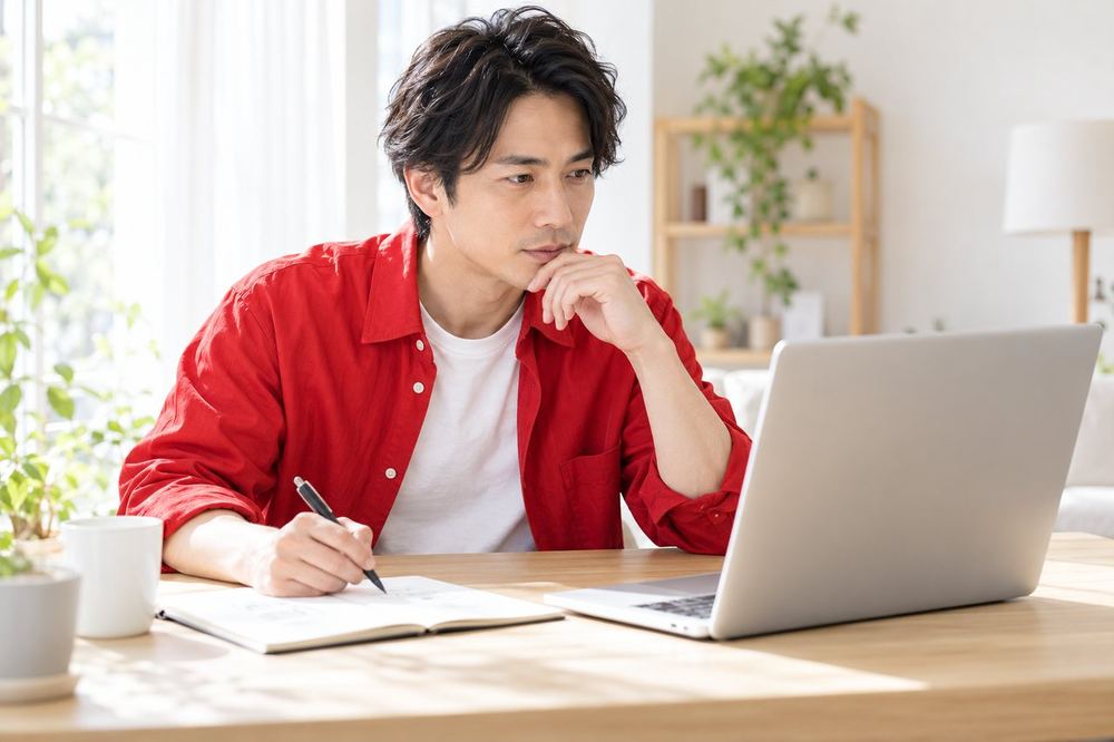 30代の男性が机の上のノートに3つの案を書き、配信の画面を見ながらどれにするか考えている
