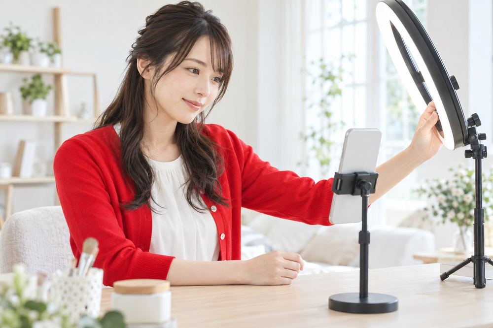 20代の女性がスマホスタンドの前に座り、リングライトを少しずつ動かしながら画面の見え方を確かめている