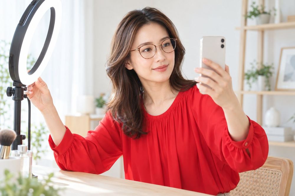 30代の女性がメガネをかけて机に座り、ライトの角度を変えながらレンズへの映り込みを確かめている