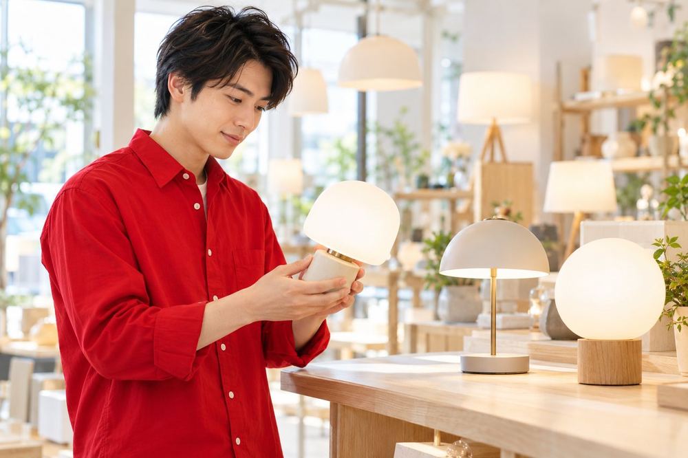 20代の男性が店で数種類の卓上ライトを手に取り、光り方を見比べながら選んでいる