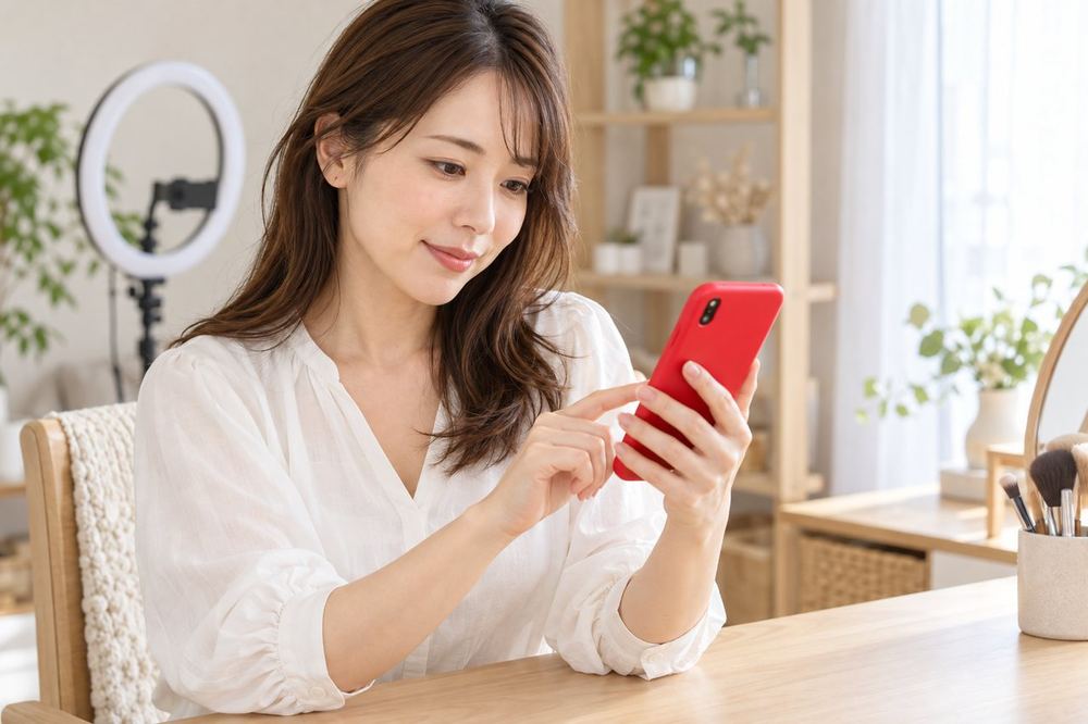 30代の女性が配信を終えたあと、スマホでリプレイを再生し、顔の映り方を一時停止しながら確かめている