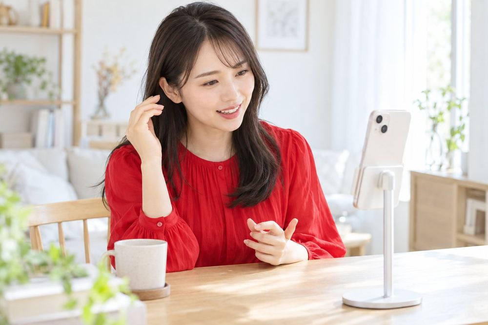 20代の女性が明るい部屋でスマホを見ながら、画面越しにマネージャー役の人と顔の映り方について話している