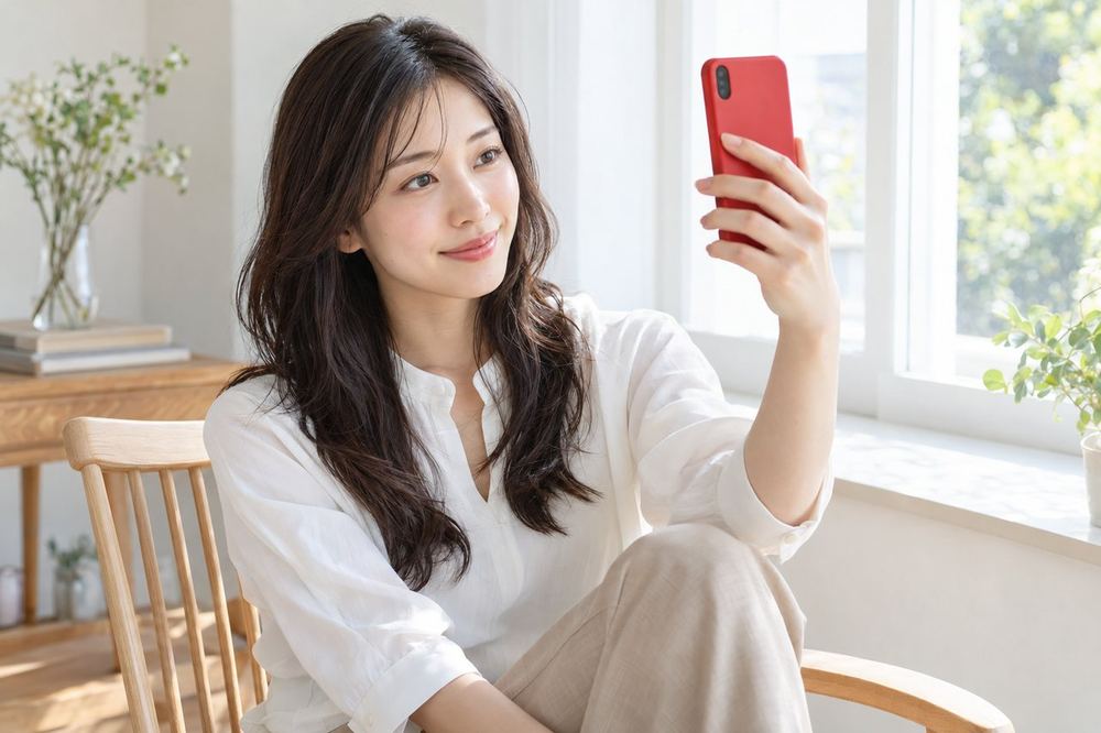 20代の女性が昼間の明るい窓辺に椅子を置き、スマホのカメラに映る自分の顔の明るさを確かめている