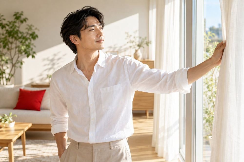 30代の男性が朝の部屋で、カーテンを開けて窓から入る光の筋を目で追っている
