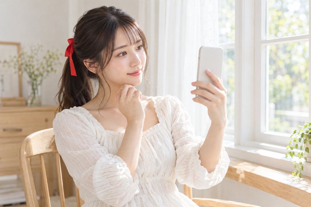 20代の女性が窓を横に見る位置に椅子を置き、スマホを目の高さに構えて顔の影を確かめている