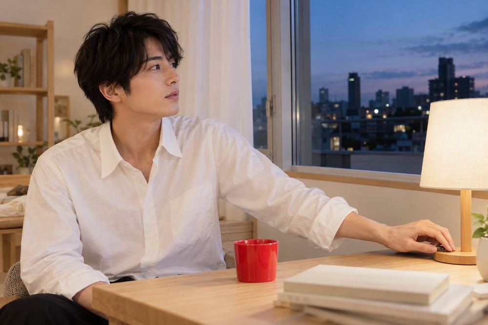 20代の男性が夕方の部屋で窓の外が暗くなり始めたのを見て、卓上のライトのスイッチに手を伸ばしている