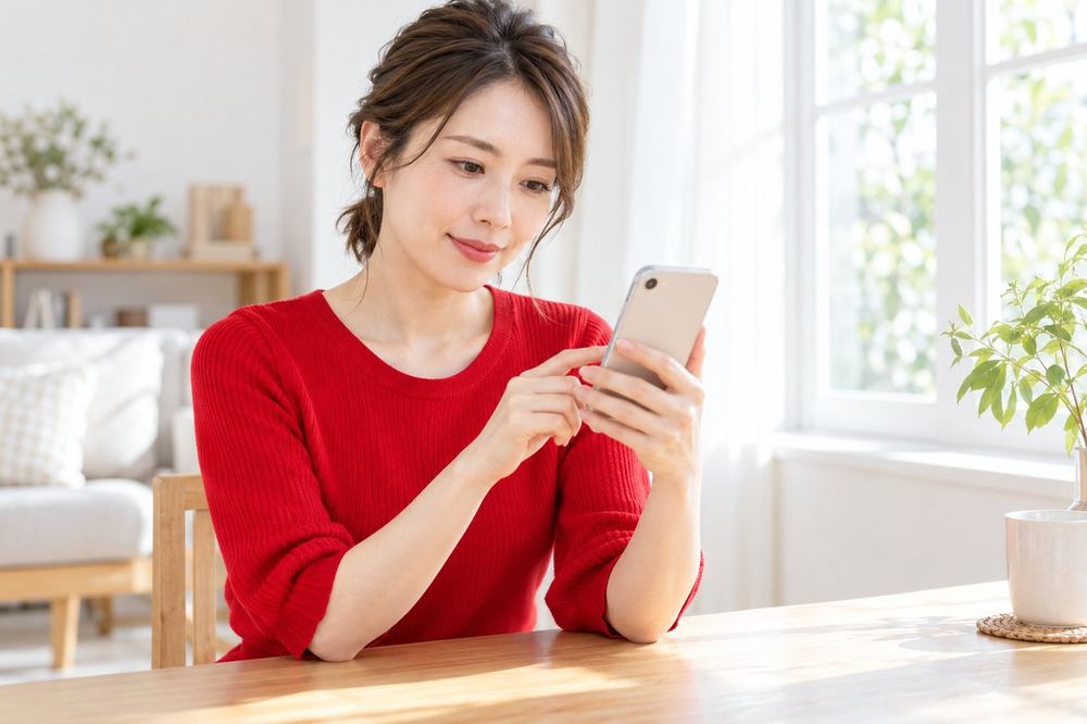 30代の女性が配信を終えたあと、スマホのリプレイ画面で自分の顔の明るさと窓の映り込みを見返している