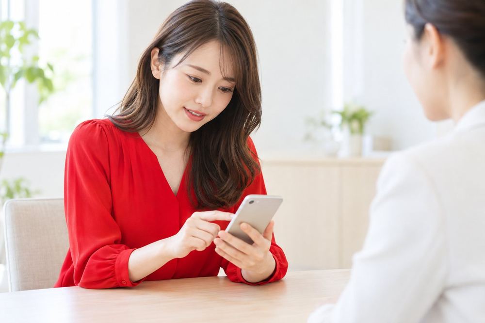 20代の女性が机でスマホを見ながら、落ち着いた表情で誰かと相談している