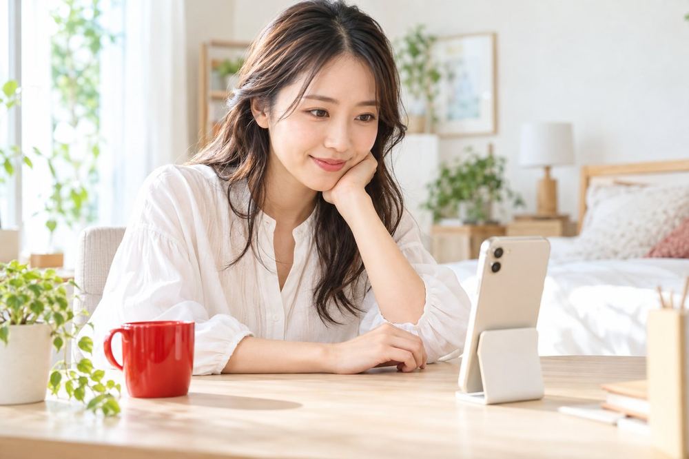 女性が自室の机にスマホを立てて、顔の明るさをスマホの画面で確かめている