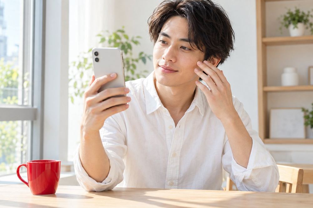 男性が窓際の机で、スマホの画面を見ながら、顔にあたる光の向きを手で確かめている