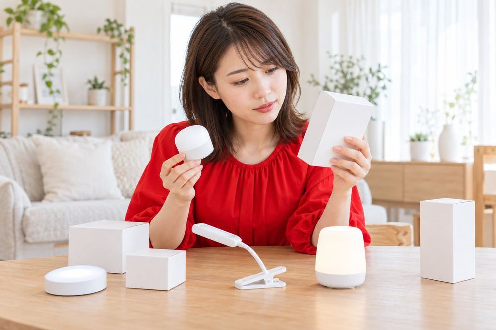 女性がテーブルに並べた何種類かのライトを手に取り、箱の説明を読み比べている