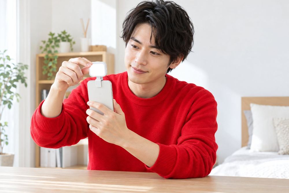 男性が机の前に座り、クリップ式のライトをスマホに取り付けて、位置を調整している