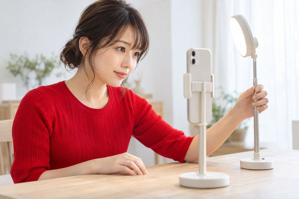 女性が机の上でライトの高さを少しずつ変えながら、スマホの画面で顔の影の出方を確かめている
