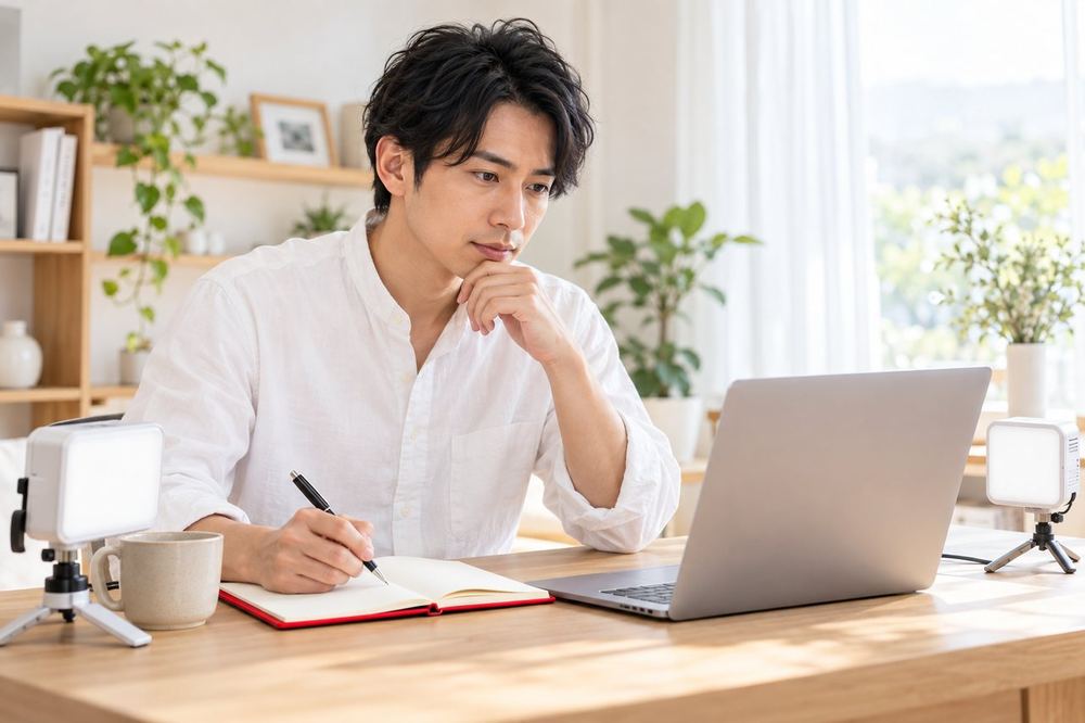 男性がパソコンの前で、気になる専用ライトの仕様を見比べて、メモを取っている