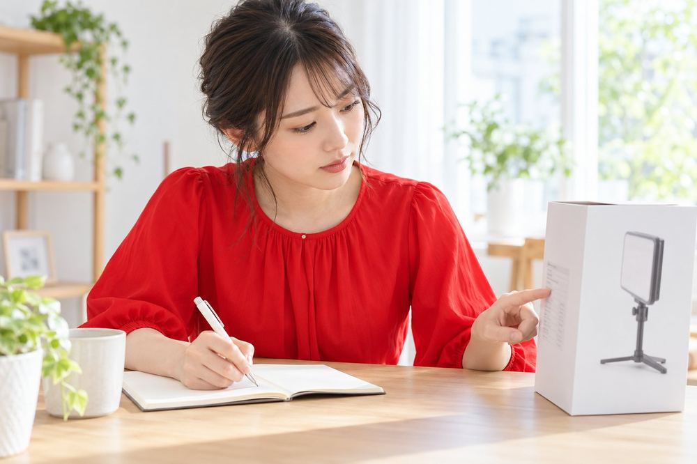 20代の女性が明るい部屋の机で、ライトの箱に書かれた色温度の表記を指さしながら、ノートに数字を書き写している