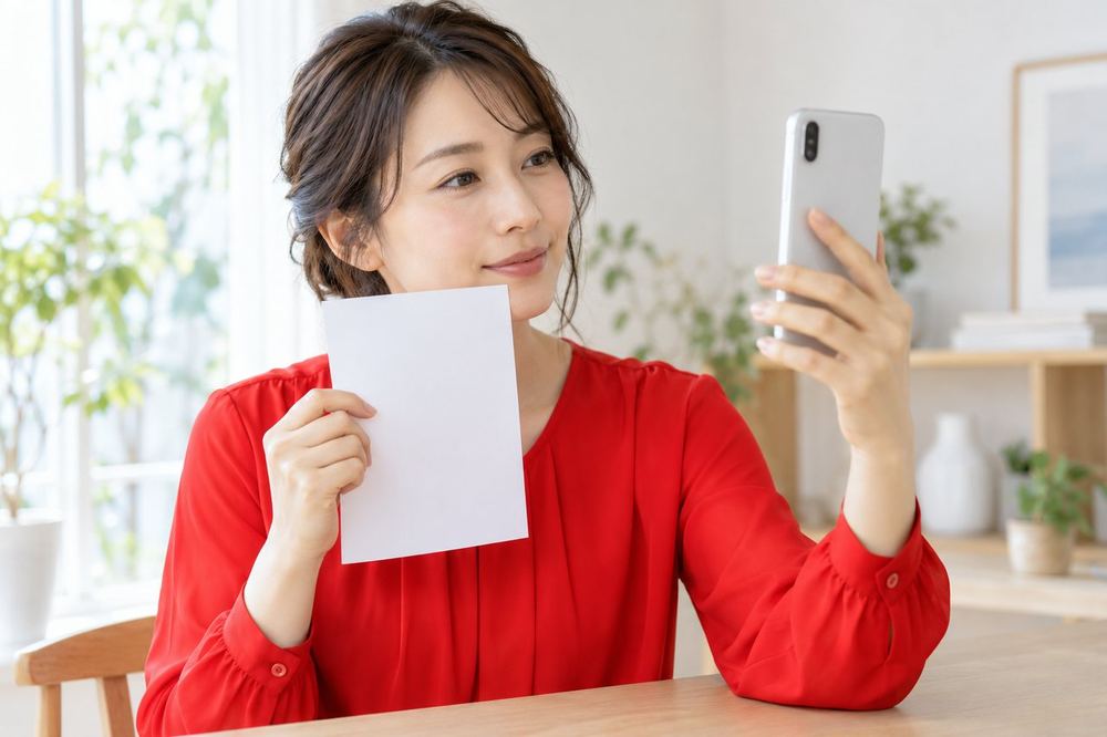30代の女性がデスクでスマホのカメラに映った自分の顔を見ながら、手元の白い紙の色味を比べている