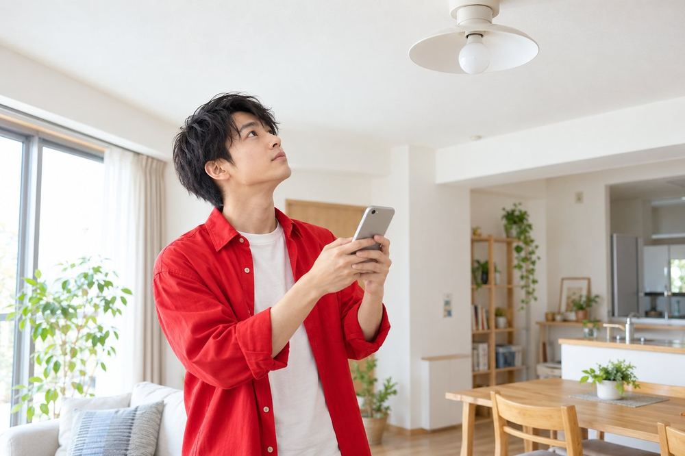 部屋の天井の照明を見上げながら、20代の男性が手元のスマホで電球の表記を調べている