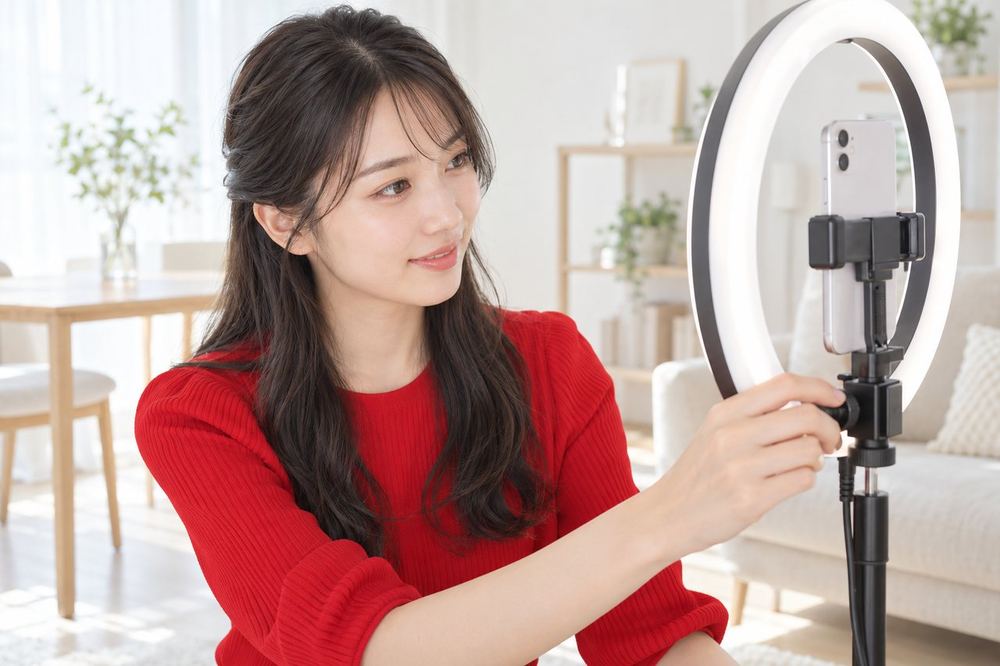 明るい部屋で、20代の女性がリングライトの色の設定を少しずつ変えながら、スマホに映る自分の顔を確かめている