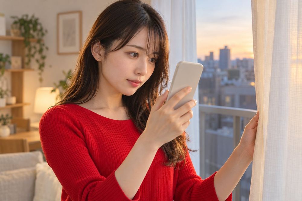 夕方の窓辺で、20代の女性がカーテンを少し閉めながら、スマホに映る顔の左右の色の違いを確かめている