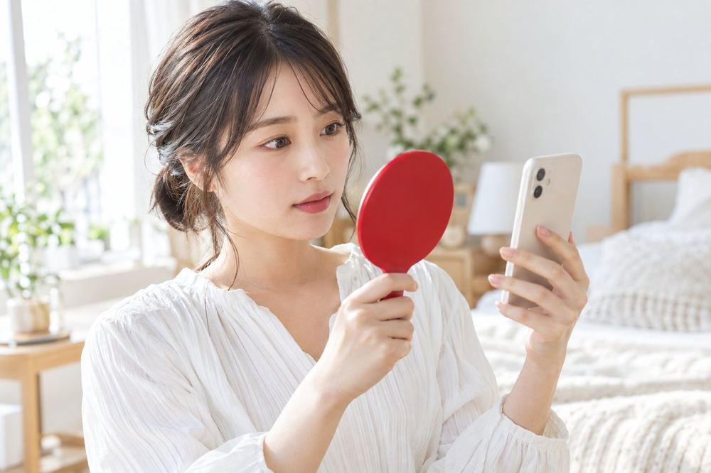 明るい部屋で、20代の女性が手鏡とスマホのカメラ画面を見比べて、肌の色味を確かめている