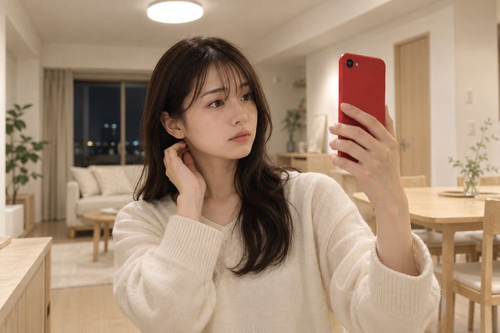 夜、20代の女性が部屋の天井灯だけをつけた状態で、スマホのカメラに映る自分の顔がどれくらい暗いかを確かめている