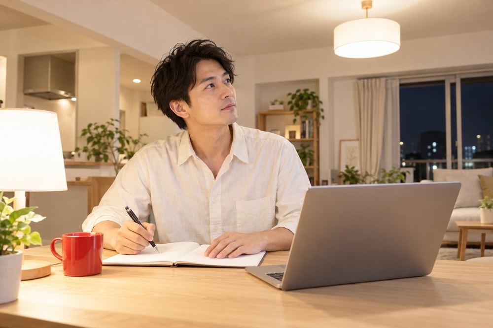 夜の部屋で、30代の男性がノートを広げて、天井灯・スタンド・パソコンの画面など、部屋にある光の数を書き出している