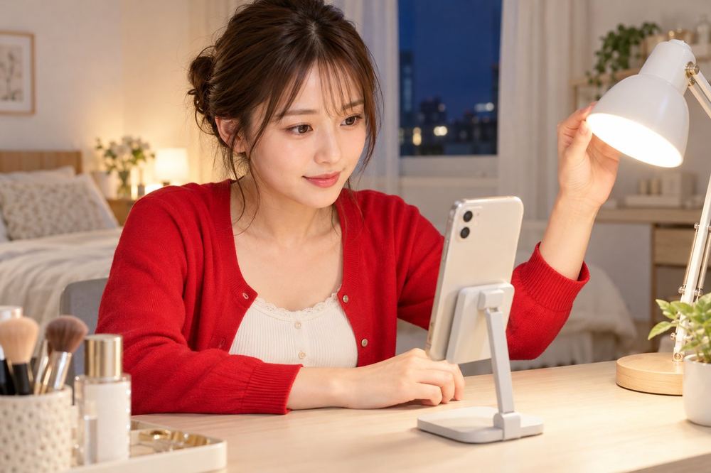 夜の部屋で、20代の女性が机の上のライトの角度を整えながら、スマホの画面に映る自分の顔を確かめている