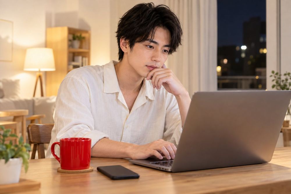 夜の部屋で、20代の男性がスマホで撮った自分の動画を、暗い順に3本並べて見比べている