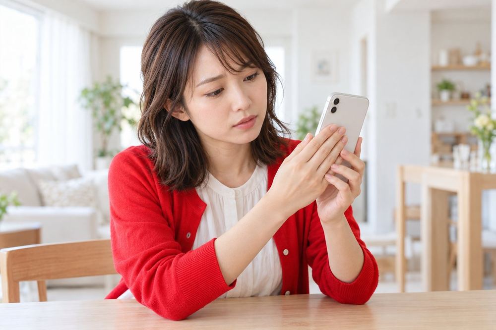 部屋のテーブルで、女性がスマホの背面に手を当てて、どのくらい温かいかを確かめている