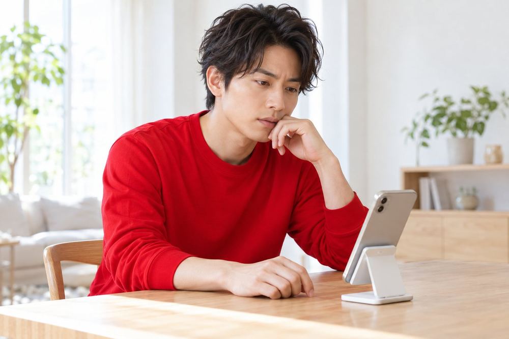 机で男性が、スマホの画面が暗くなったのを見て、配信を止めるか迷っている