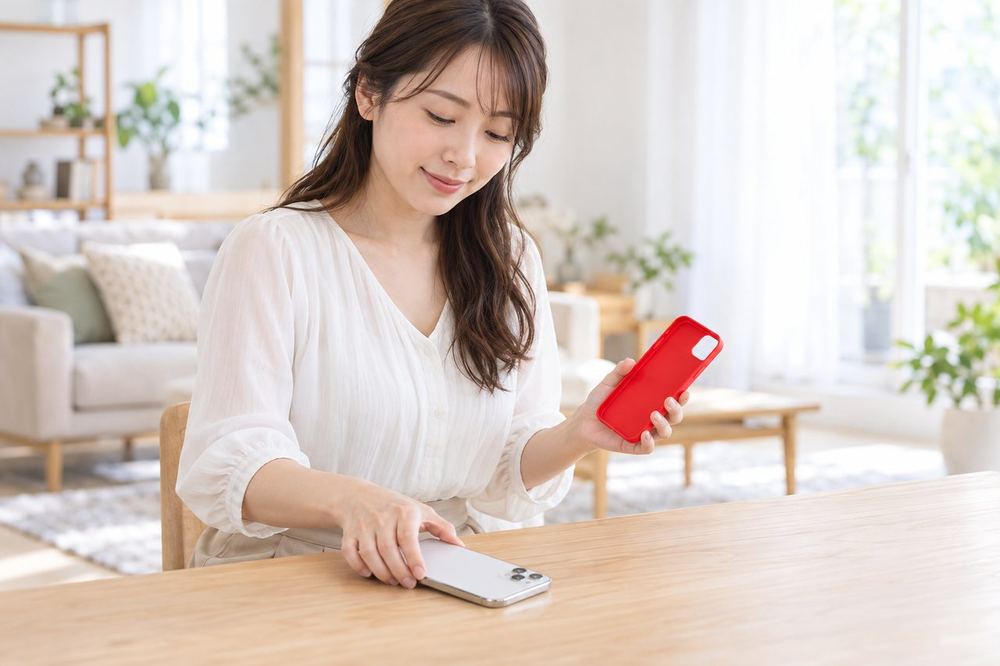 明るい部屋で、女性がスマホをケースから外して、窓から離れたテーブルに置いている