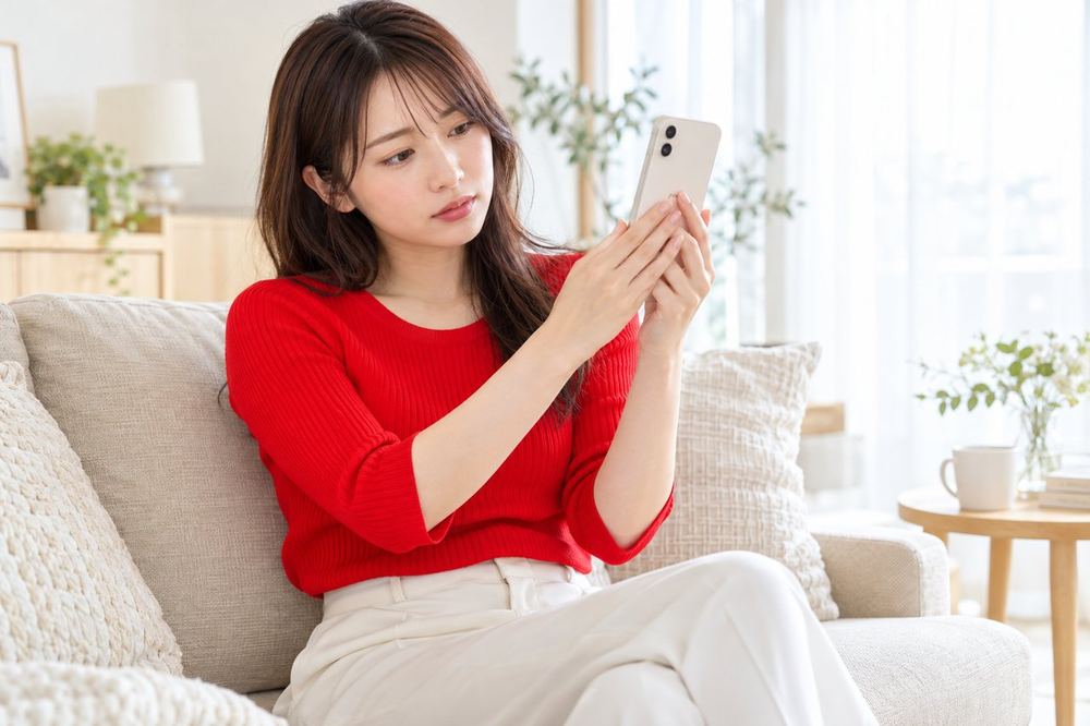 ソファに座った若い女性が、配信の合間にスマホを少し離して、背面の熱さを確かめている