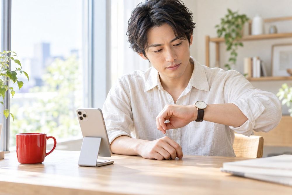 窓際の机で、男性がスマホを台に立てて、時計を見ながら休憩の時間を決めている