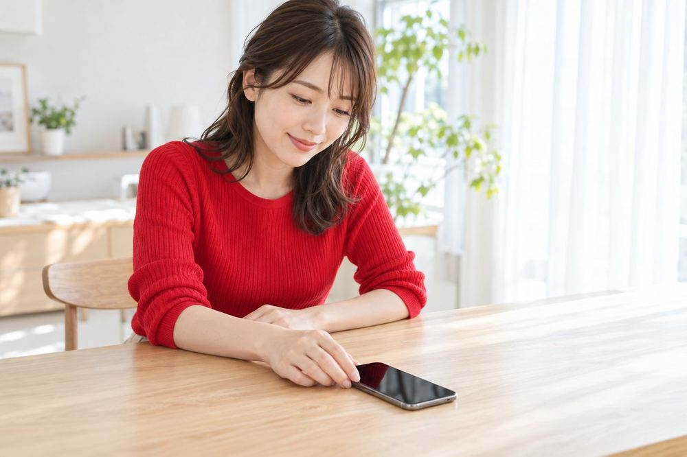 涼しい部屋で、女性がスマホの電源を切って、風通しのよい机の上に置いて休ませている