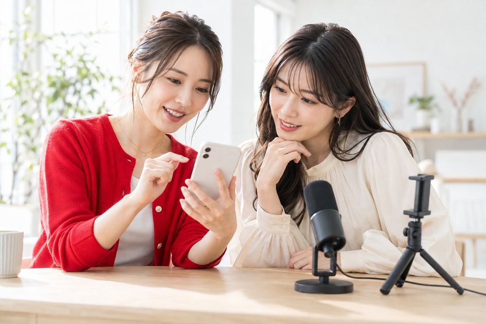 明るい部屋で、女性ふたりがスマホを見ながら、配信の機材について相談している