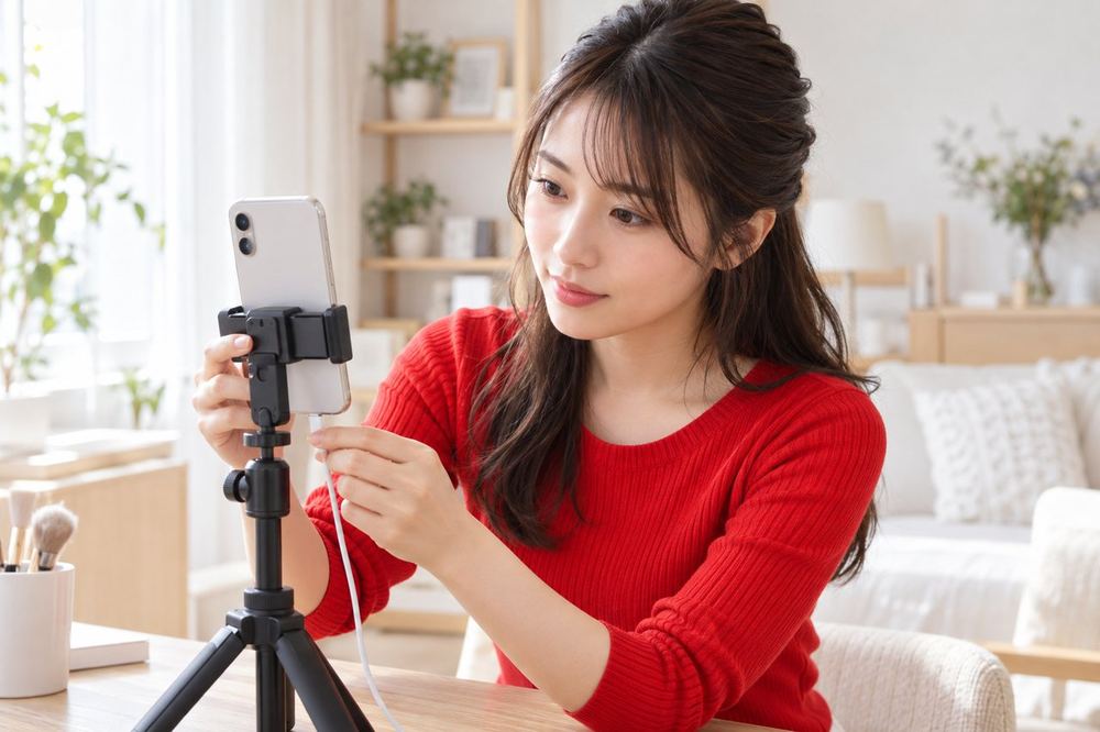 明るい部屋で女性が三脚に立てたスマホにケーブルをつなぎ、配信前に電池の残量を確かめている