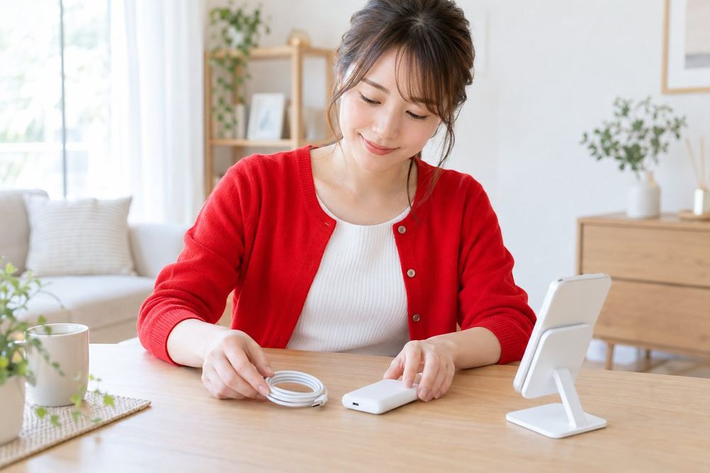 落ち着いた部屋で女性が机の上に、ケーブルとモバイルバッテリーとスマホスタンドを並べている