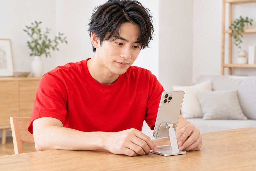 窓から離れた部屋で、男性がスマホスタンドの位置を直し、背面に風が通るように置いている