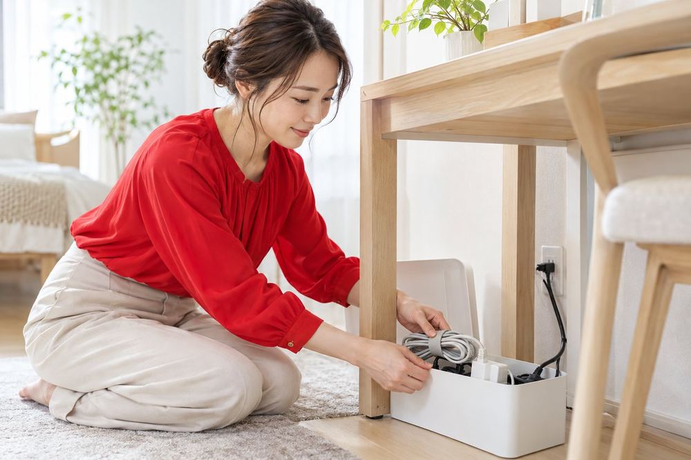 明るい部屋で、女性が机の足もとのコンセントとケーブルをまとめ、背景に映らないように整えている