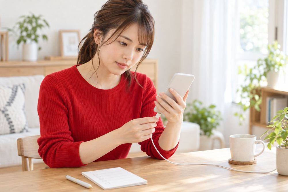 机に座った女性が、チェックリストのメモを見ながら、スマホの電池とケーブルの位置を確認している