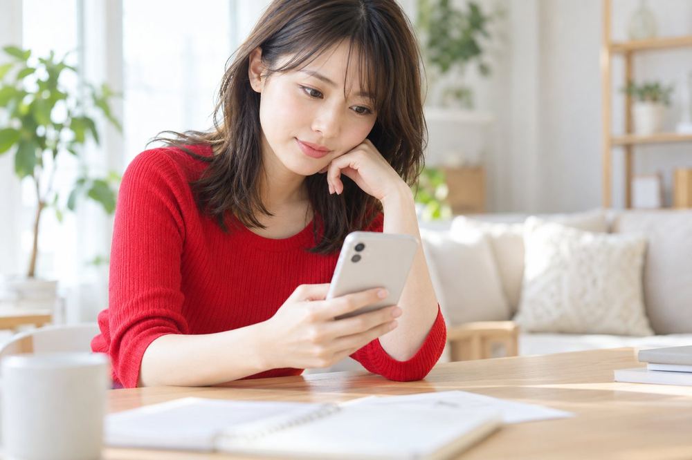 20代の女性が自宅の机でスマホを見ながら、所属しているエージェンシーの画面とメモを見比べている