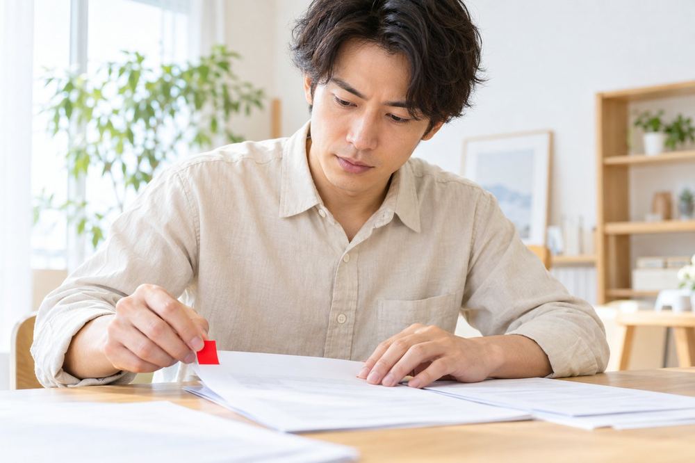 30代の男性が机に契約書の控えを広げ、やめる手続きに関する項目に付箋を貼りながら読んでいる