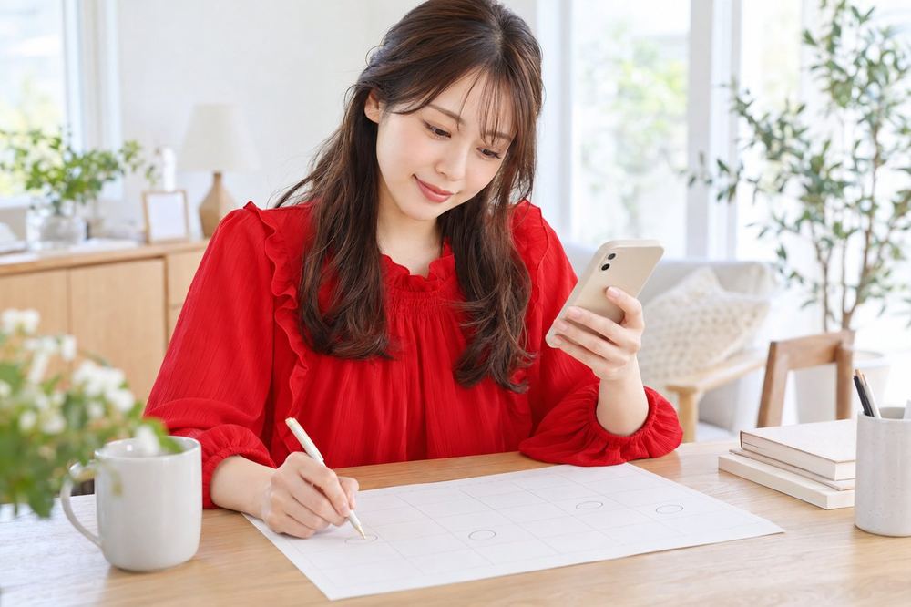 20代の女性がカレンダーに手書きで日付の印をつけながら、スマホのメモで移籍までの予定を整理している