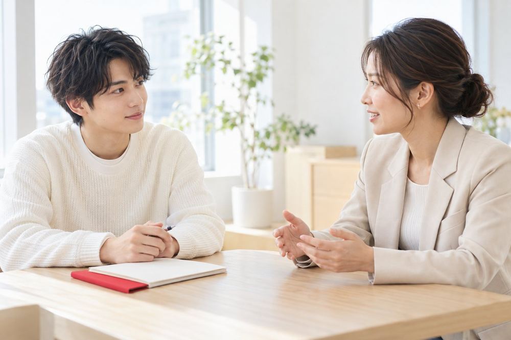 20代の男性が明るい面談室で、質問を書いたメモを手元に置いて、事務所の担当者と向かい合って話している