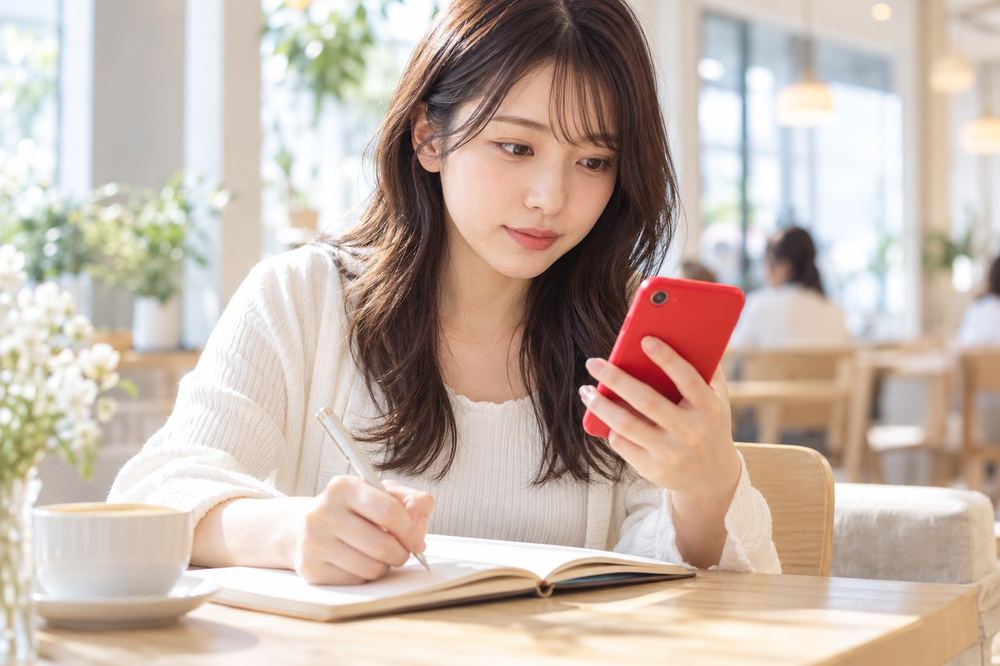 カフェの席でスマホの画面を見ながら、ノートに条件を書き出して整理している20代の女性