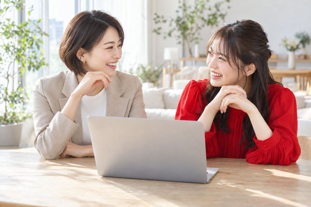 明るい部屋で、マネージャーの女性とライバーの女性が配信の振り返りをしながら笑い合っている