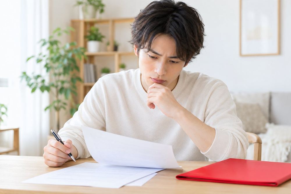机の上の契約書を前に、ペンを持ったまま、不安そうに内容を読み込んでいる20代の男性
