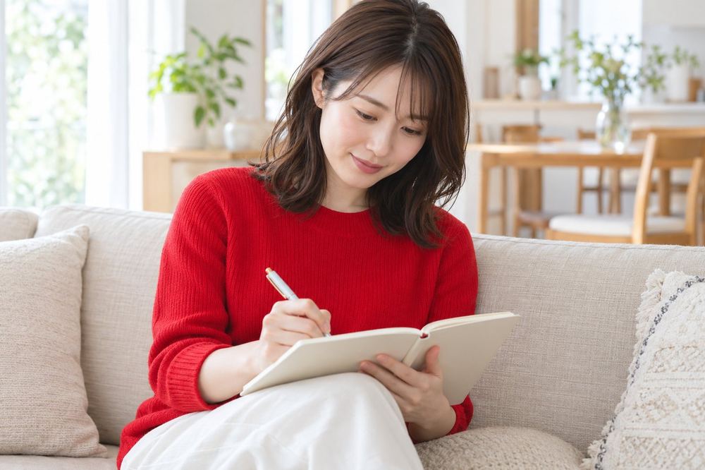 ソファに座ってノートを開き、面談で聞くことを箇条書きにしている女性